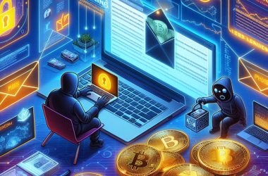 Create an image illustrating a cyber attack on cryptocurrency companies through compromised email newsletters. Include visuals of phishing emails, a warning message to users, and digital representations of cryptocurrencies.