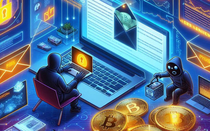 Create an image illustrating a cyber attack on cryptocurrency companies through compromised email newsletters. Include visuals of phishing emails, a warning message to users, and digital representations of cryptocurrencies.