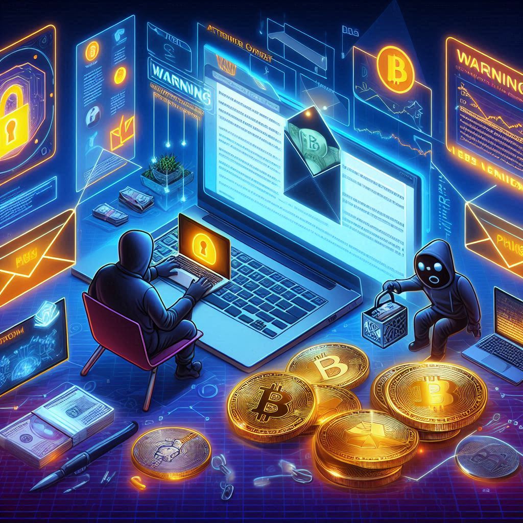 Create an image illustrating a cyber attack on cryptocurrency companies through compromised email newsletters. Include visuals of phishing emails, a warning message to users, and digital representations of cryptocurrencies.