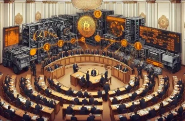 Create an image depicting Russian lawmakers in a parliamentary session with a backdrop of industrial crypto mining equipment. Include elements representing delays and divisions, such as a calendar showing the fall season and split paths. Ensure the setting reflects a formal government environment, with a focus on the energy committee discussing mining legislation."