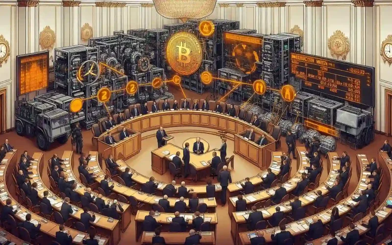 Create an image depicting Russian lawmakers in a parliamentary session with a backdrop of industrial crypto mining equipment. Include elements representing delays and divisions, such as a calendar showing the fall season and split paths. Ensure the setting reflects a formal government environment, with a focus on the energy committee discussing mining legislation."