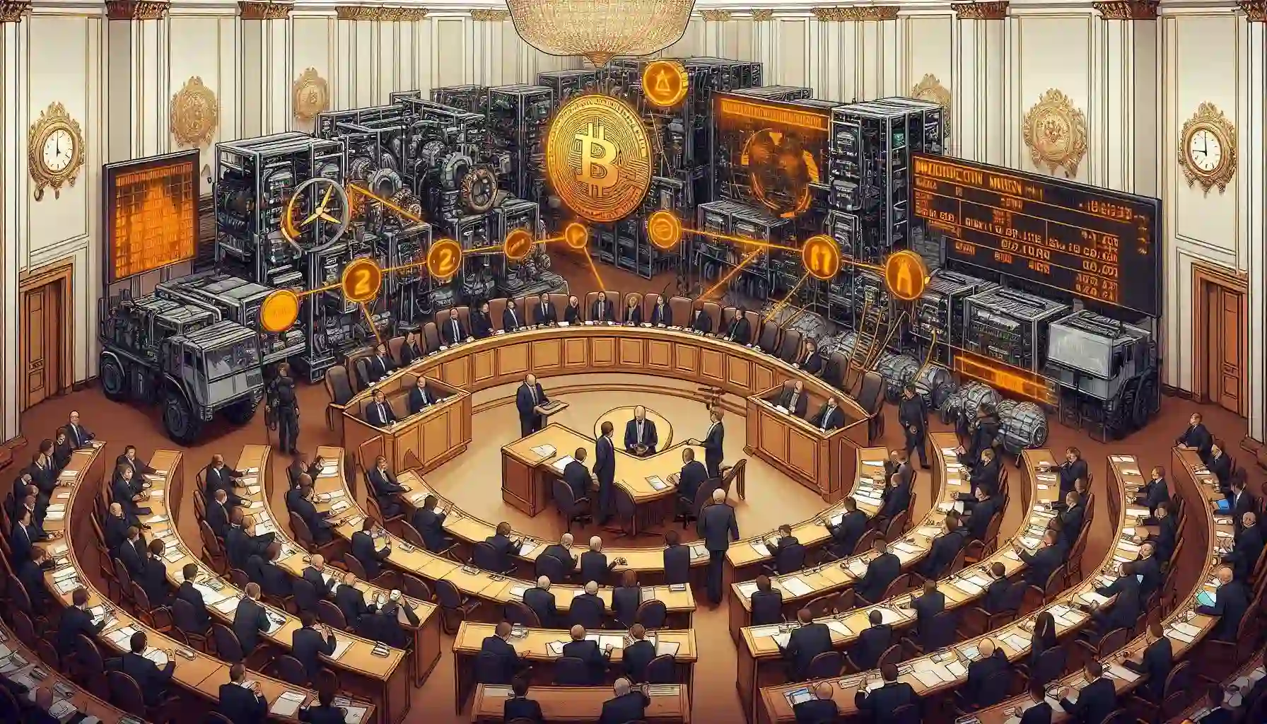 Create an image depicting Russian lawmakers in a parliamentary session with a backdrop of industrial crypto mining equipment. Include elements representing delays and divisions, such as a calendar showing the fall season and split paths. Ensure the setting reflects a formal government environment, with a focus on the energy committee discussing mining legislation."