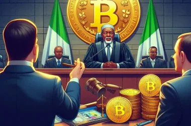 Create an image depicting a courtroom scene where a high-ranking official from the Central Bank of Nigeria accuses a representative from Binance of unauthorized transactions and money laundering. The setting should include symbols of cryptocurrency, such as Bitcoin or digital wallets, and elements that reflect Nigeria, like the national flag or the Naira currency. The atmosphere should be tense, emphasizing the serious nature of the trial and the broader crackdown on crypto trading in Nigeria.