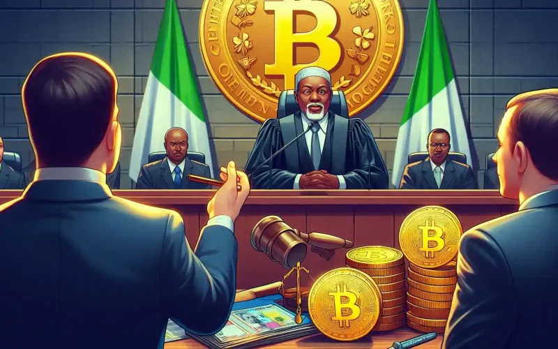 Create an image depicting a courtroom scene where a high-ranking official from the Central Bank of Nigeria accuses a representative from Binance of unauthorized transactions and money laundering. The setting should include symbols of cryptocurrency, such as Bitcoin or digital wallets, and elements that reflect Nigeria, like the national flag or the Naira currency. The atmosphere should be tense, emphasizing the serious nature of the trial and the broader crackdown on crypto trading in Nigeria.