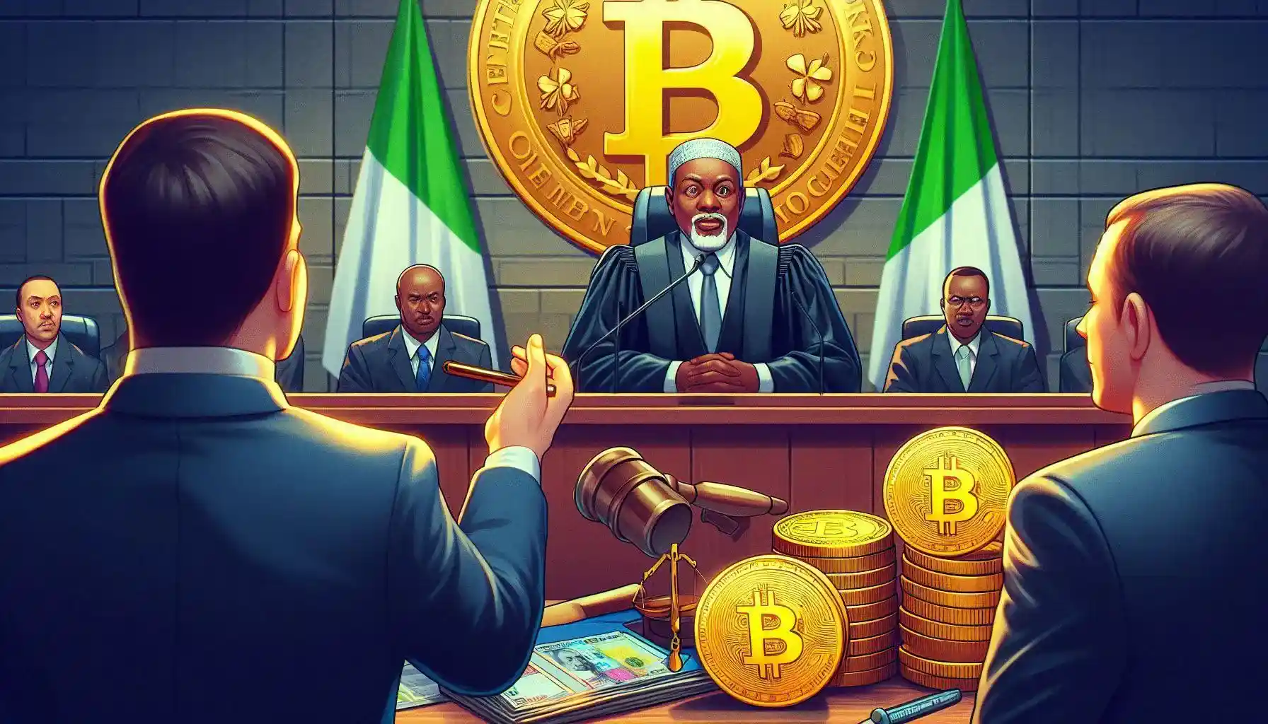 Create an image depicting a courtroom scene where a high-ranking official from the Central Bank of Nigeria accuses a representative from Binance of unauthorized transactions and money laundering. The setting should include symbols of cryptocurrency, such as Bitcoin or digital wallets, and elements that reflect Nigeria, like the national flag or the Naira currency. The atmosphere should be tense, emphasizing the serious nature of the trial and the broader crackdown on crypto trading in Nigeria.