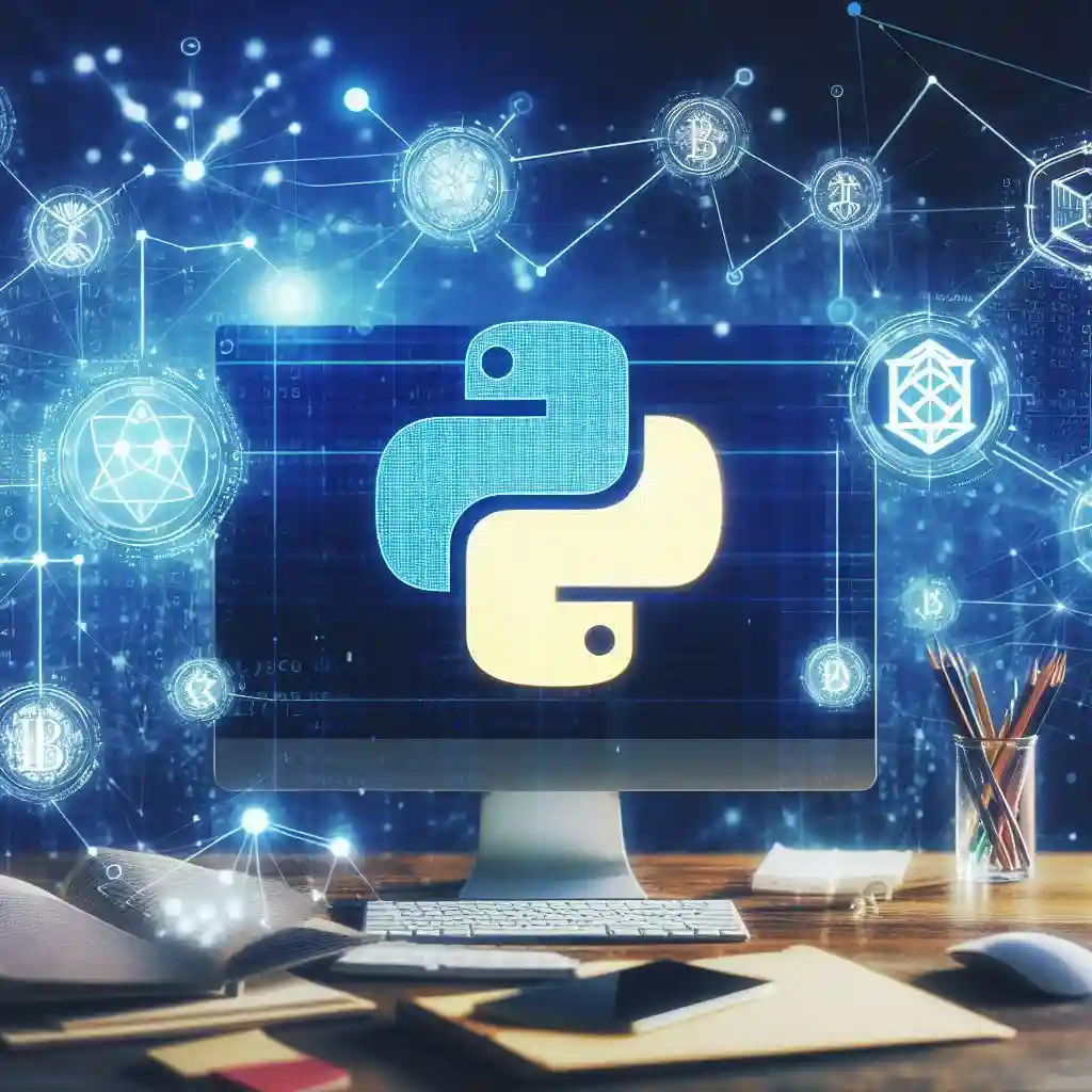 "The image illustrates the integration of Python into blockchain technology, highlighting developer accessibility and the ease of creating decentralized applications."