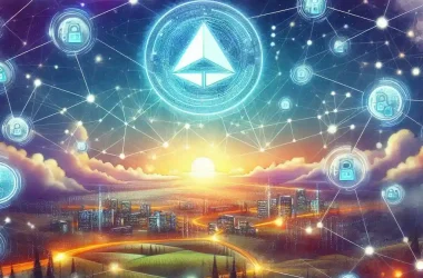 The purpose of the image is to visually represent the concept of blockchain technology and the Data Ownership Protocol (DOP) within a Web3 environment. It aims to convey themes of digital connectivity, privacy, and user control over data through futuristic and symbolic visual elements.