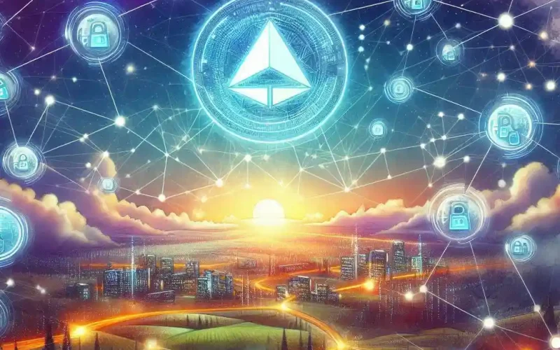 The purpose of the image is to visually represent the concept of blockchain technology and the Data Ownership Protocol (DOP) within a Web3 environment. It aims to convey themes of digital connectivity, privacy, and user control over data through futuristic and symbolic visual elements.