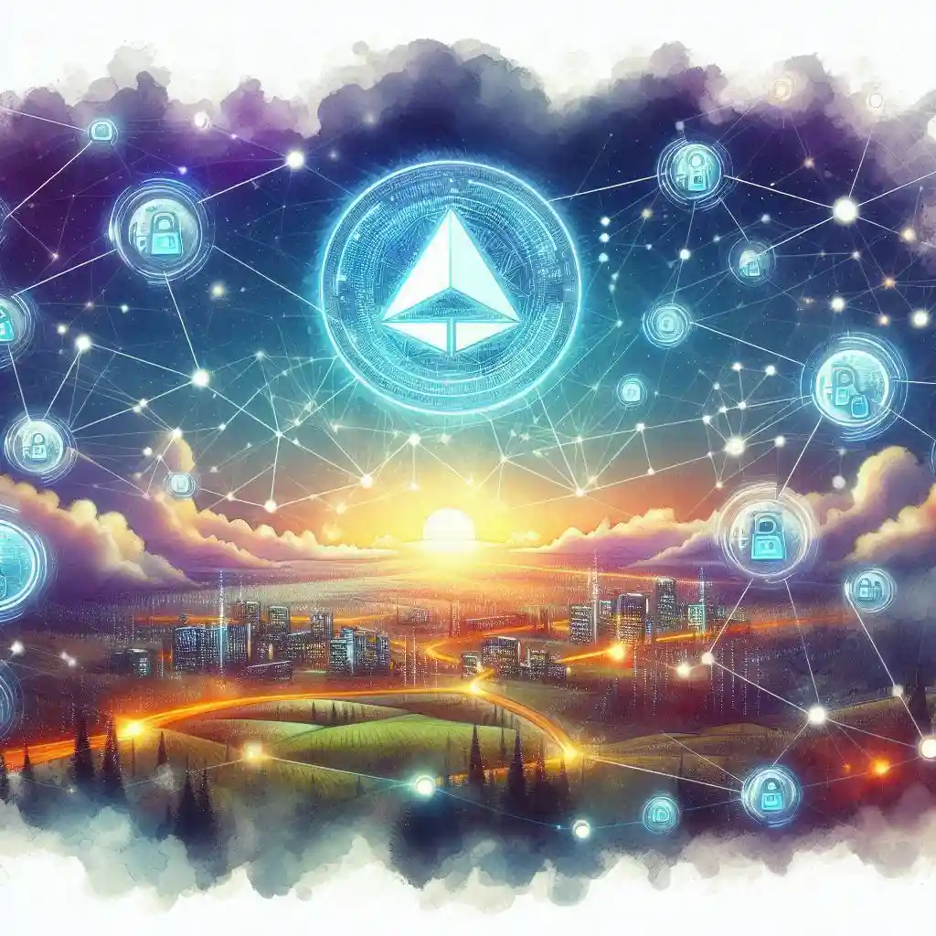 The purpose of the image is to visually represent the concept of blockchain technology and the Data Ownership Protocol (DOP) within a Web3 environment. It aims to convey themes of digital connectivity, privacy, and user control over data through futuristic and symbolic visual elements.