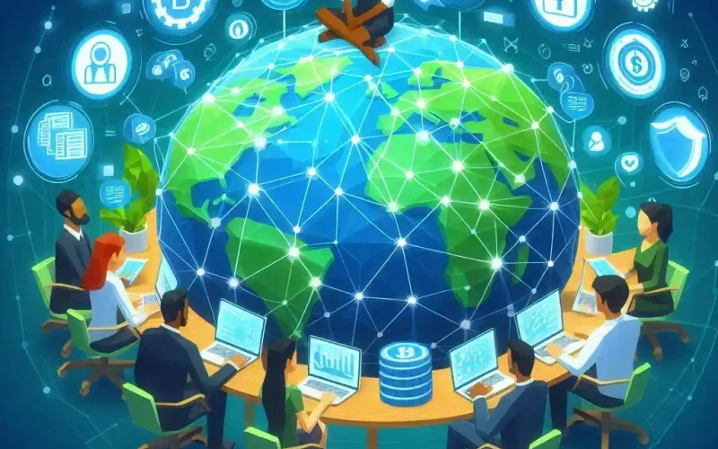 The purpose of the image is to visually convey the concept of blockchain technology rebuilding trust and addressing global challenges. It aims to depict interconnectedness, security, collaboration among diverse stakeholders, and innovation in digital and identity management.