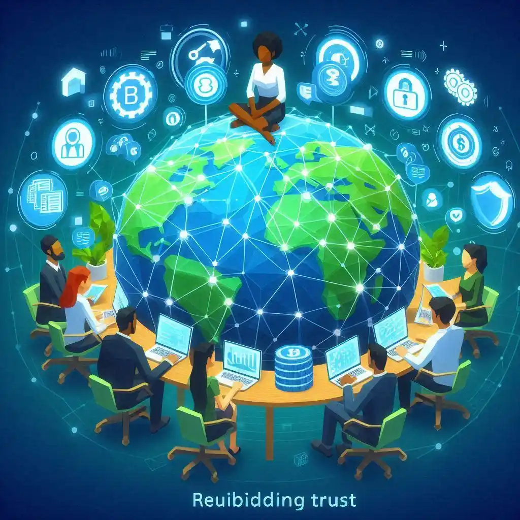 The purpose of the image is to visually convey the concept of blockchain technology rebuilding trust and addressing global challenges. It aims to depict interconnectedness, security, collaboration among diverse stakeholders, and innovation in digital and identity management.