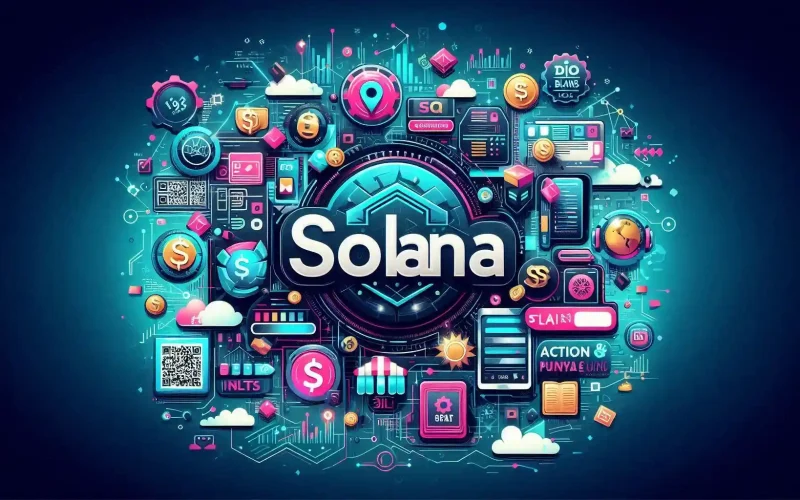 The purpose of the image is to visually represent Solana's innovative features, Actions and Blinks, highlighting their integration with various platforms to facilitate easy onchain transactions and promote mainstream blockchain adoption.