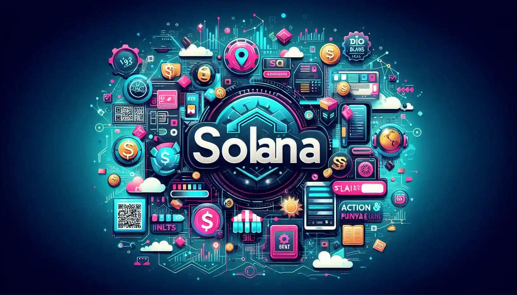 The purpose of the image is to visually represent Solana's innovative features, Actions and Blinks, highlighting their integration with various platforms to facilitate easy onchain transactions and promote mainstream blockchain adoption.