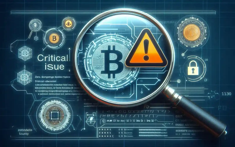 The image illustrates the detection of critical vulnerabilities in zero-knowledge blockchain audits, emphasizing security concerns.