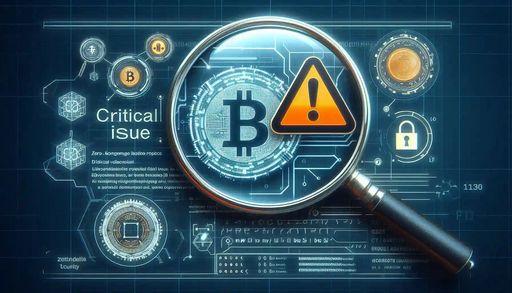 The image illustrates the detection of critical vulnerabilities in zero-knowledge blockchain audits, emphasizing security concerns.