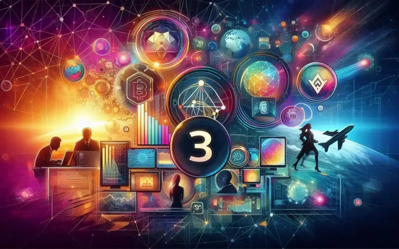 The image is designed to visually represent Web3's growth through key elements: strategic partnerships, celebrity endorsements, and advances in confidential computing. It aims to highlight the movement’s shift towards mainstream adoption and its integration into the global economy.