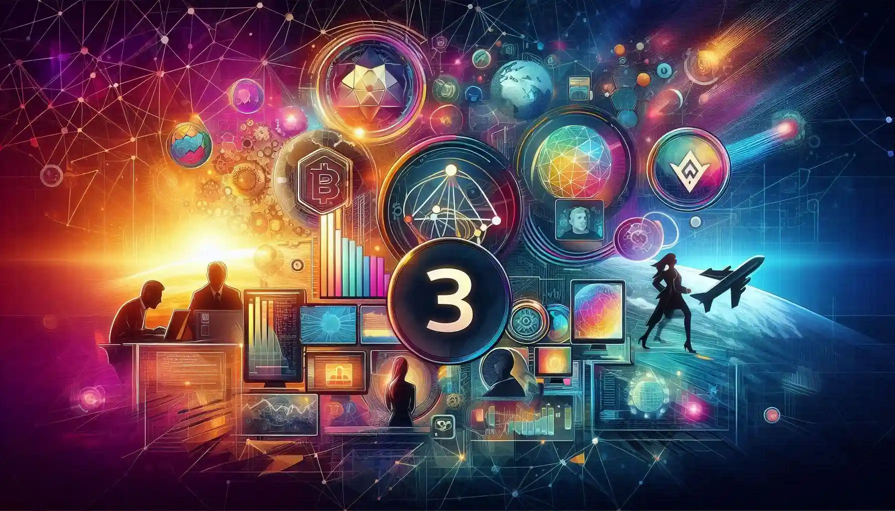 The image is designed to visually represent Web3's growth through key elements: strategic partnerships, celebrity endorsements, and advances in confidential computing. It aims to highlight the movement’s shift towards mainstream adoption and its integration into the global economy.