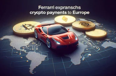 The image aims to visually represent Ferrari's expansion of its cryptocurrency payment system to European dealers, highlighting the integration of digital payments with high-end automotive luxury.