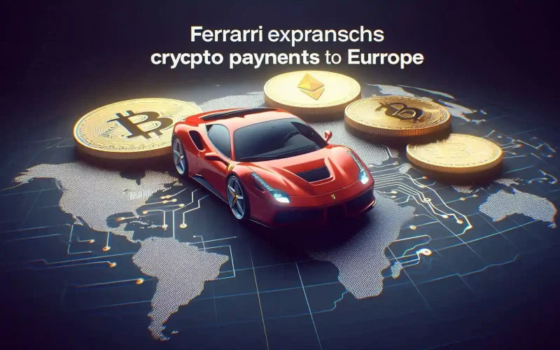 The image aims to visually represent Ferrari's expansion of its cryptocurrency payment system to European dealers, highlighting the integration of digital payments with high-end automotive luxury.