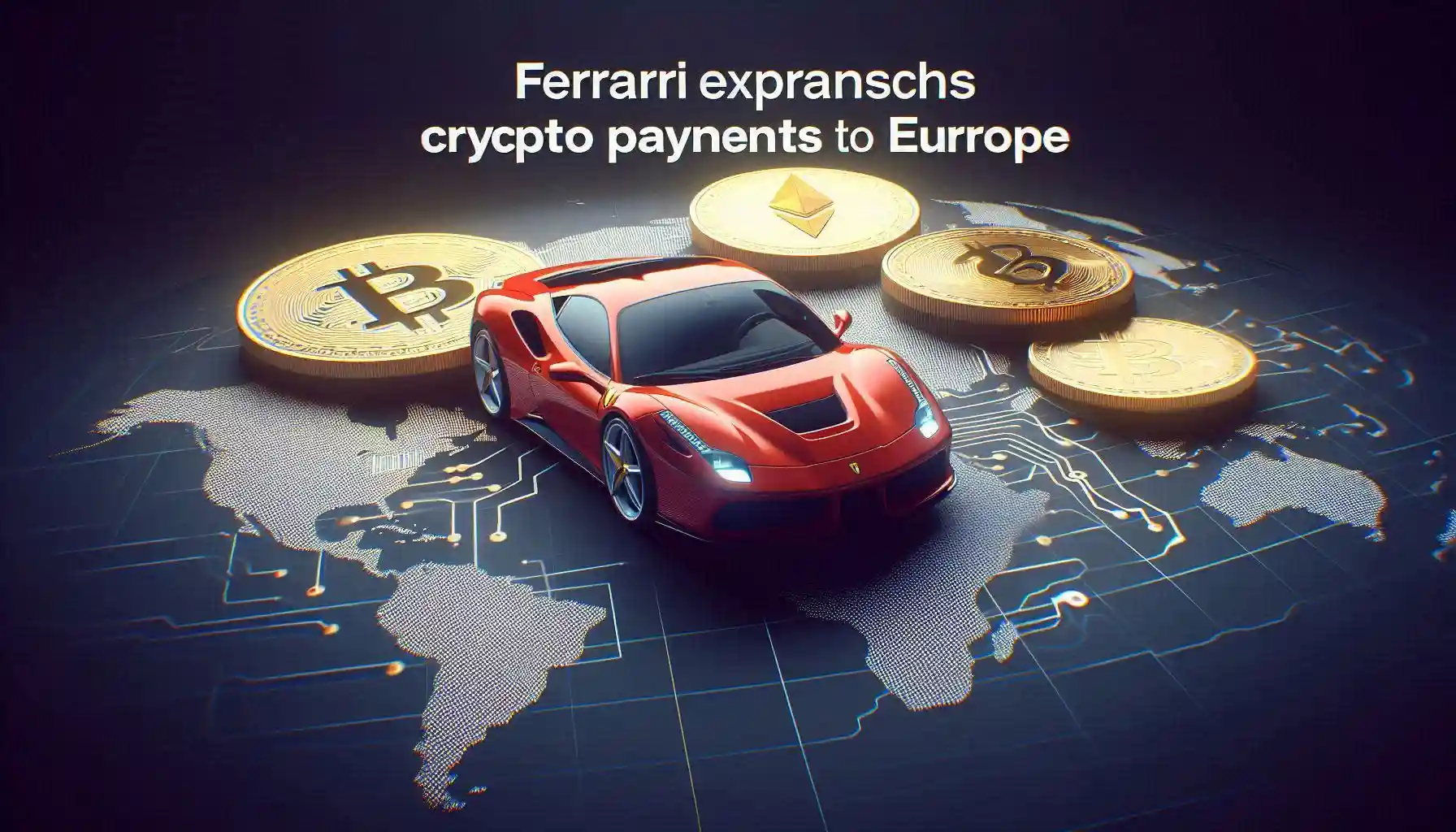 The image aims to visually represent Ferrari's expansion of its cryptocurrency payment system to European dealers, highlighting the integration of digital payments with high-end automotive luxury.