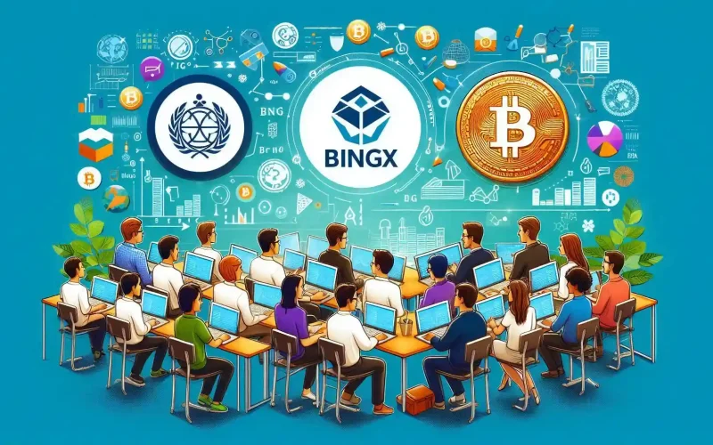 The image aims to visually convey the partnership between BingX Charity and NGO Bitcoin Argentina in providing free web3 education in Argentina. It highlights blockchain literacy and empowerment through a diverse, interactive learning environment, emphasizing digital education's transformative potential.