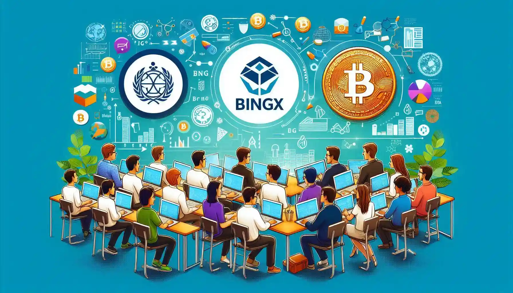 The image aims to visually convey the partnership between BingX Charity and NGO Bitcoin Argentina in providing free web3 education in Argentina. It highlights blockchain literacy and empowerment through a diverse, interactive learning environment, emphasizing digital education's transformative potential.